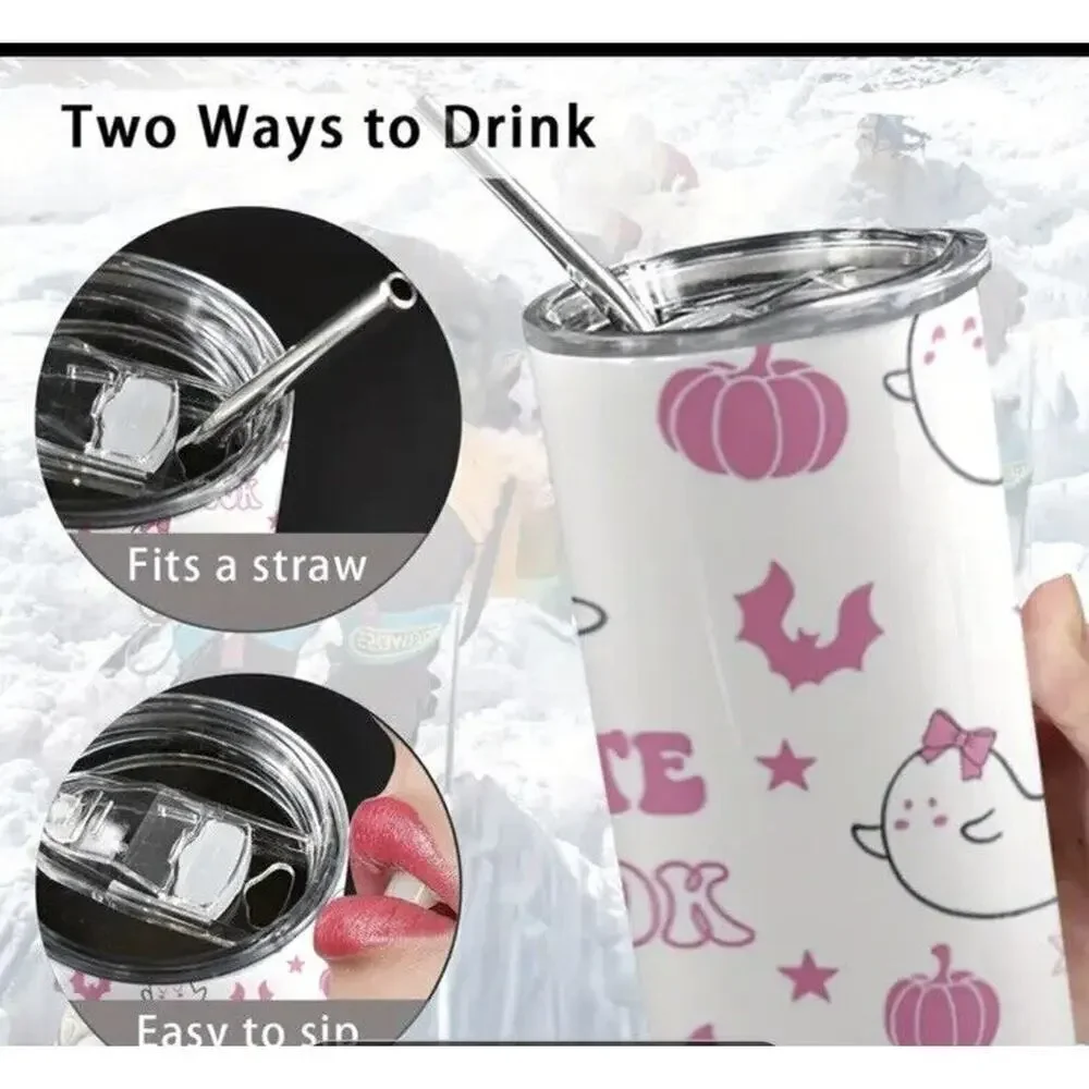 Too‎ Cute To Spook 20oz Spooky Pink Ghosts Pumpkins BatsTumbler Lid StrawCleaner